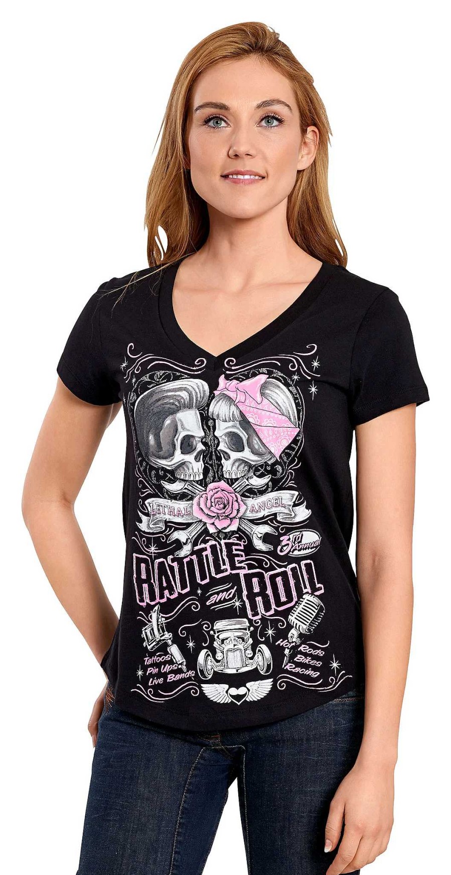 New T-Shirt Da Donna Lethal Angel Rattle N Roll T-Shirt E Polo